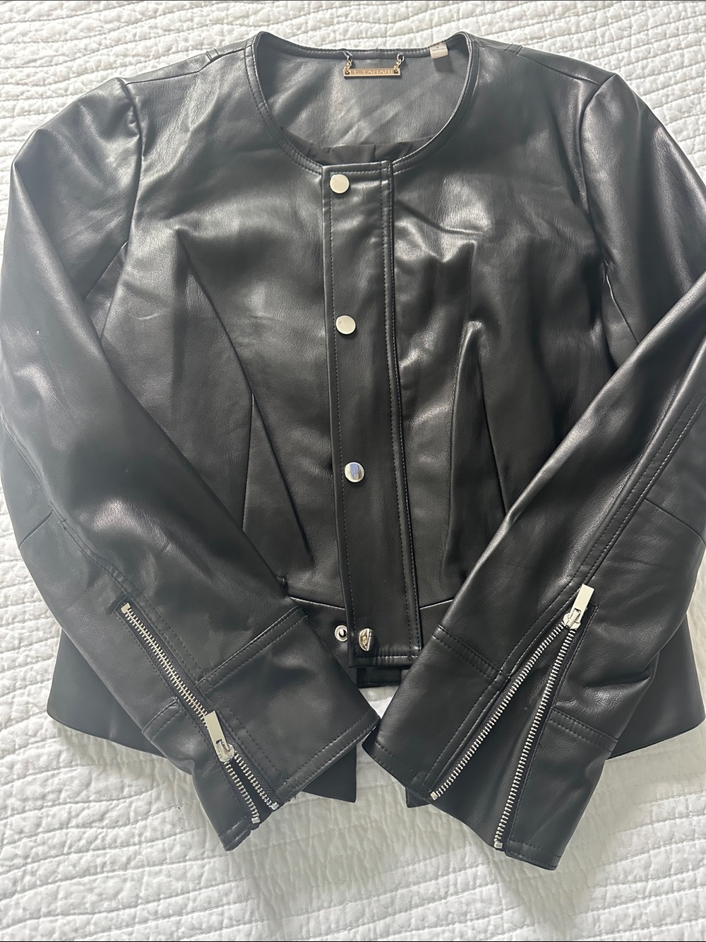 T Tahari Black Leather Round-Neck Jacket with Zippered Cuffs